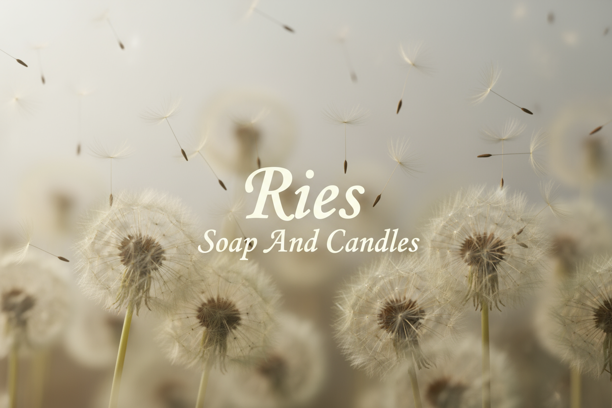 background with dandelion and the store name on the center Ries Soap  And Candles